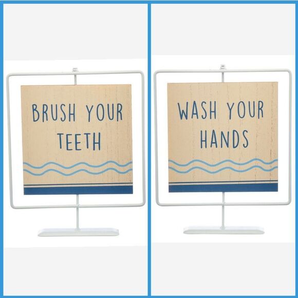 NWT Wash Your Hands Brush Your Teeth Bathroom Sign 2-Sided Metal Wood Decor Kids - Picture 1 of 6